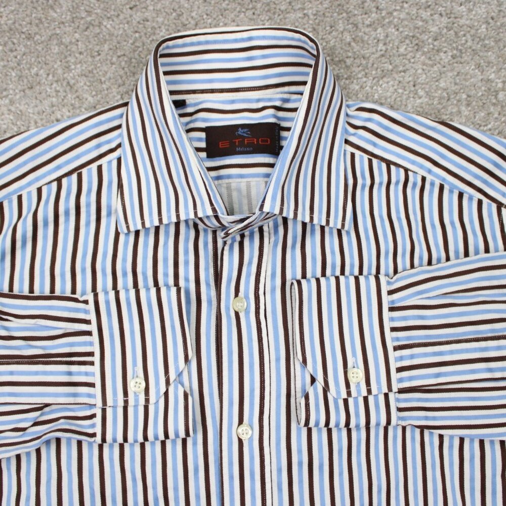 Etro Dress Shirt Mens 39 Blue/Brown Striped 100% Cotton Long Sleeve‎ Button Up